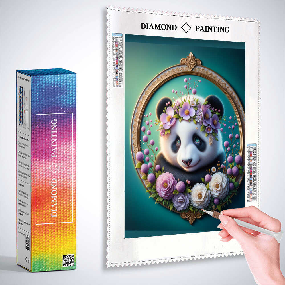 2+1 gratis! | Diamond Painting - Panda mit Blumenschmuck