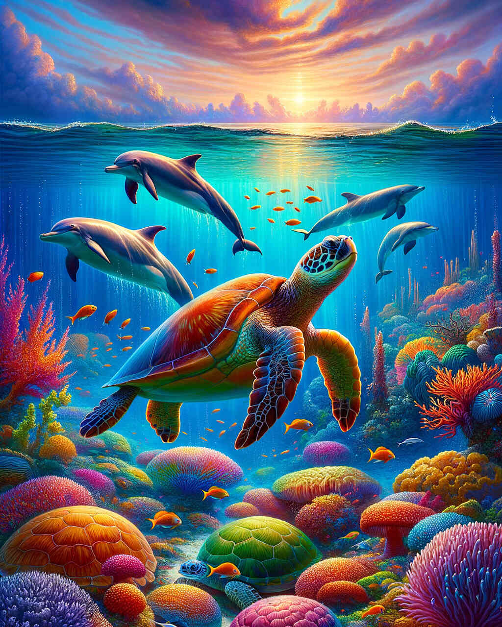 2+1 gratis! | Diamond Painting - Schildkrötenfamilie Delfine