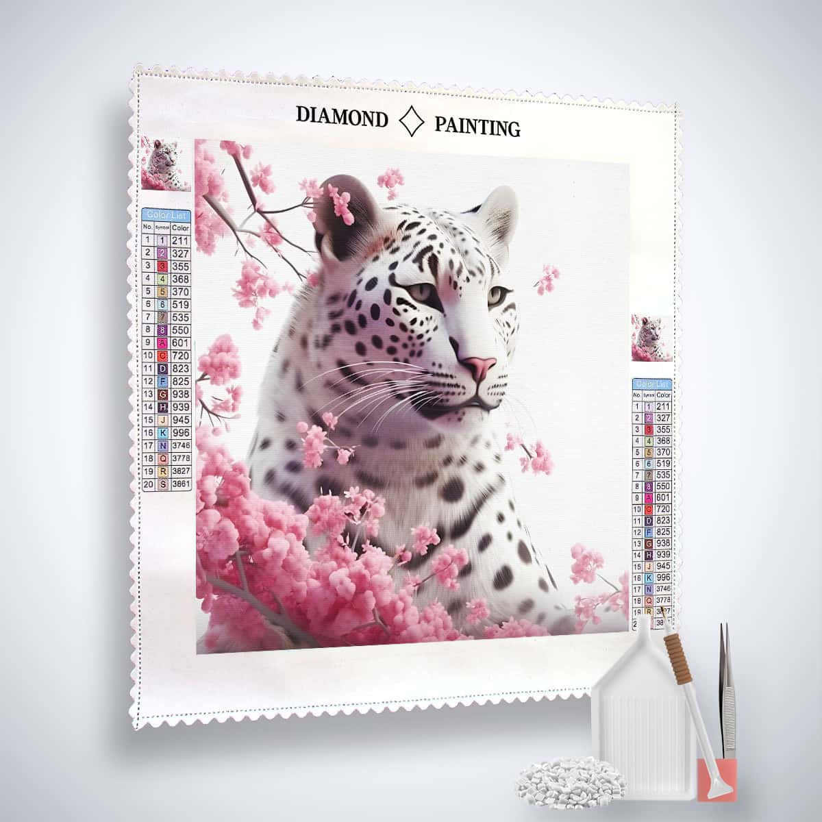2+1 gratis! | Diamond Painting - Schneeleopard mit Rosenblüten