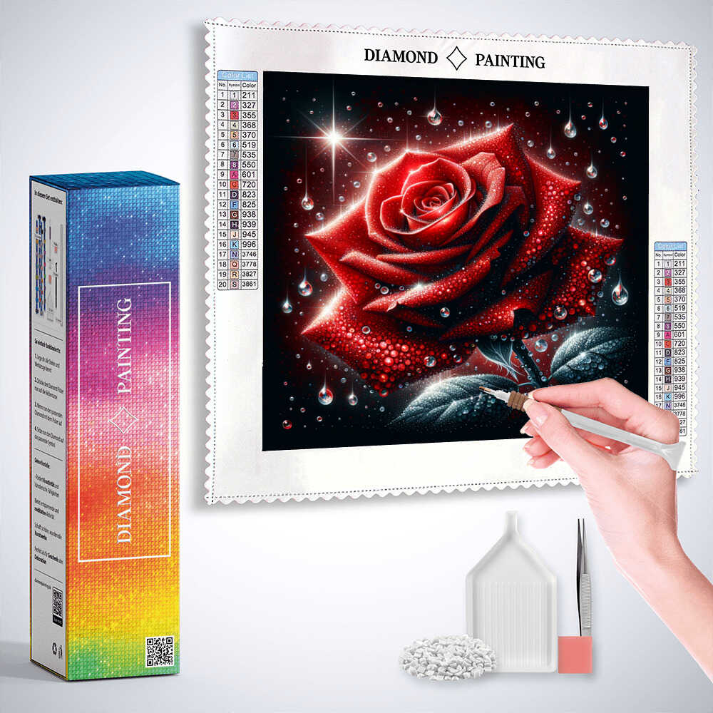 2+1 gratis! | Diamond Painting - Rote Rose mit Wassertropfen