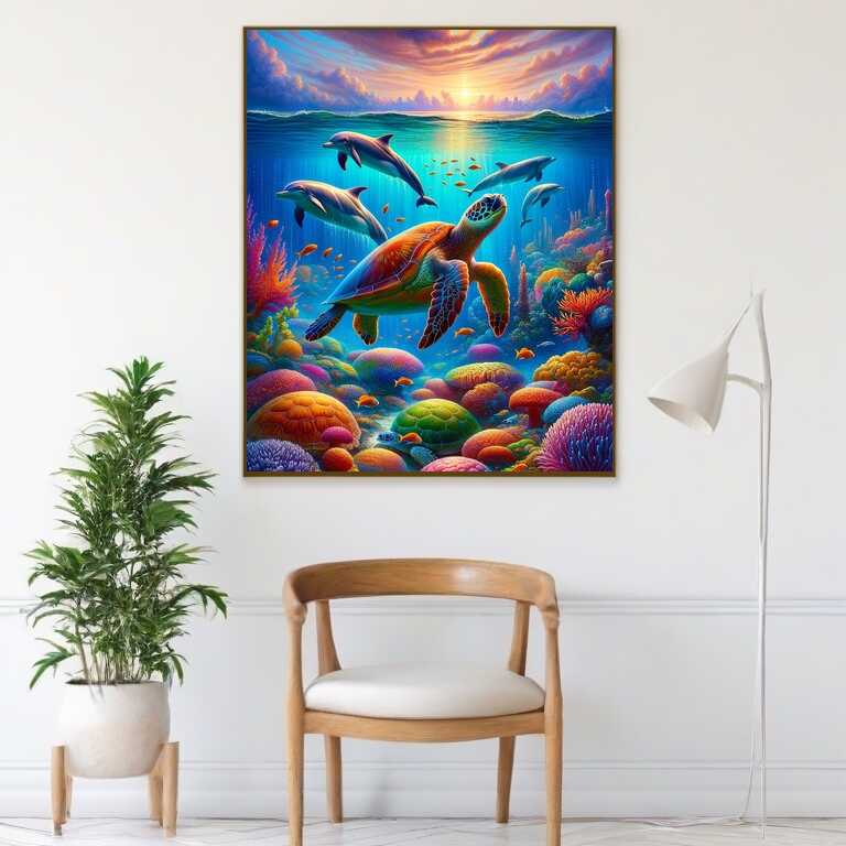 2+1 gratis! | Diamond Painting - Schildkrötenfamilie Delfine