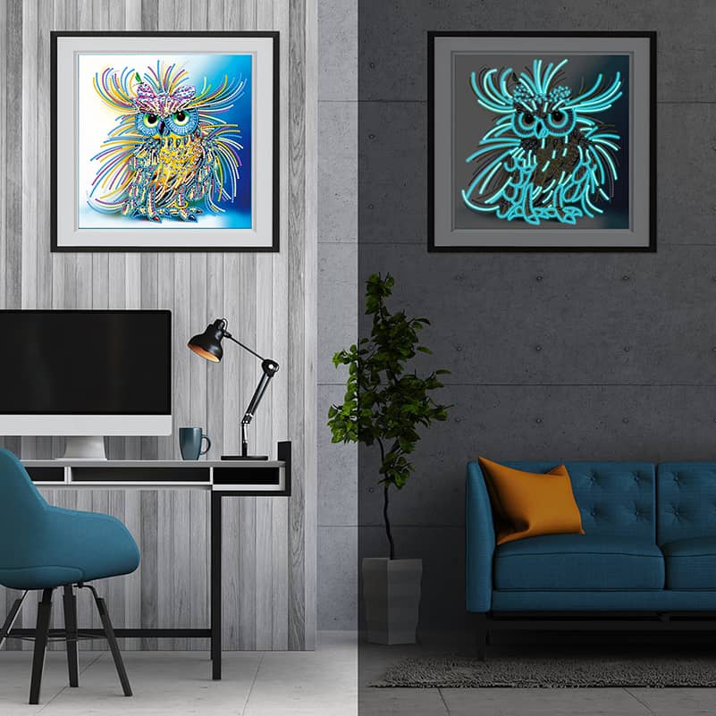 2+1 gratis! | Diamond Painting Nachtleuchtend - Eule mit langem Federkleid
