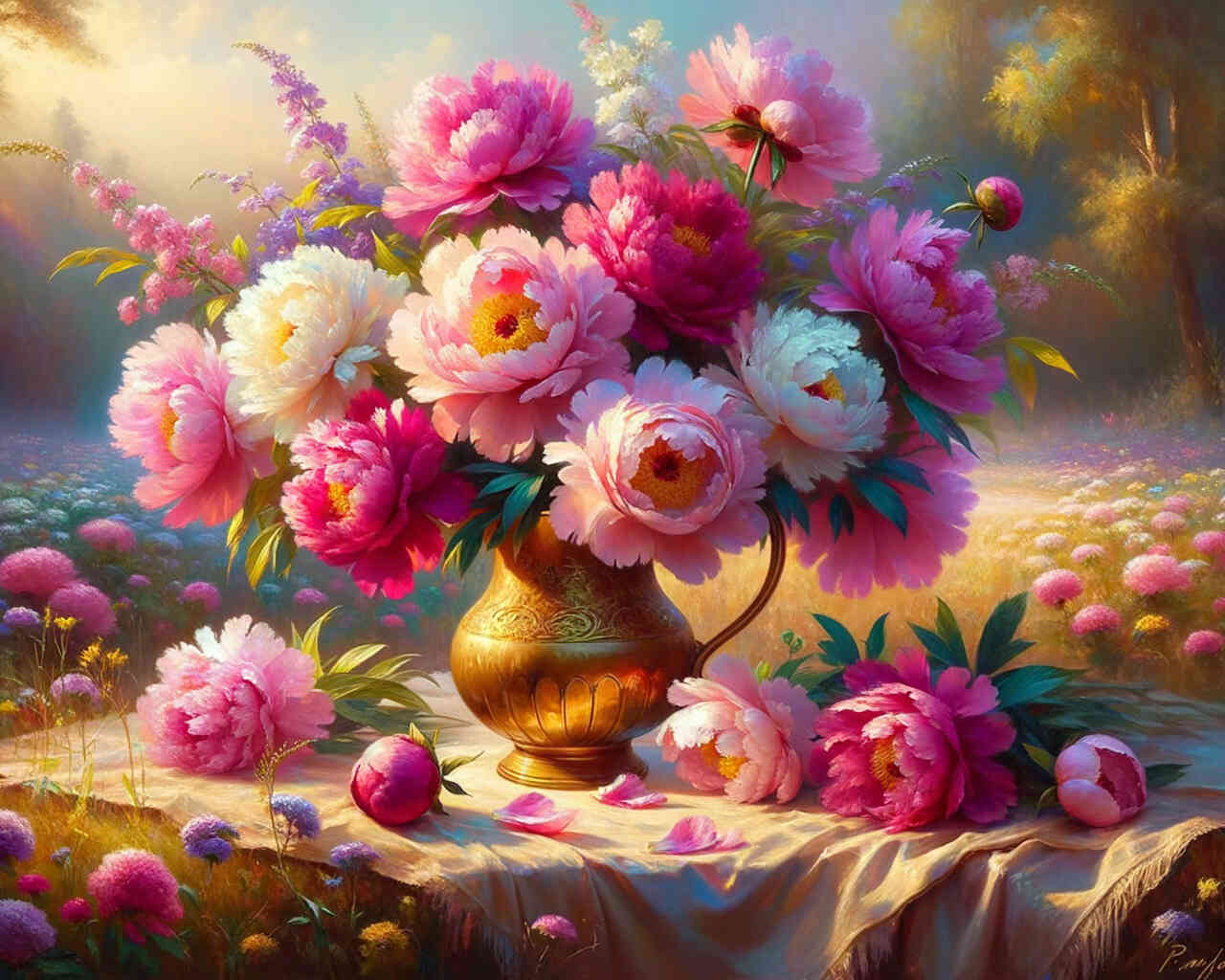 2+1 gratis! | Diamond Painting - Pfingstrosenstrauß, Wiese