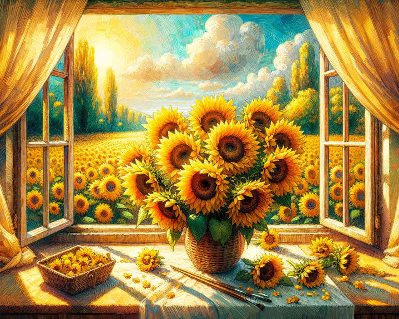 2+1 gratis! | Diamond Painting - Sonnenblumenstrauß am Fenster