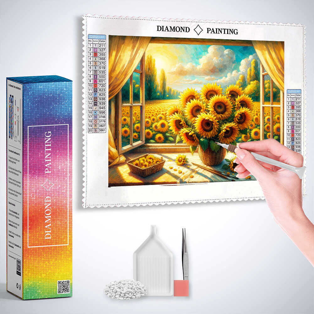 2+1 gratis! | Diamond Painting - Sonnenblumenstrauß am Fenster