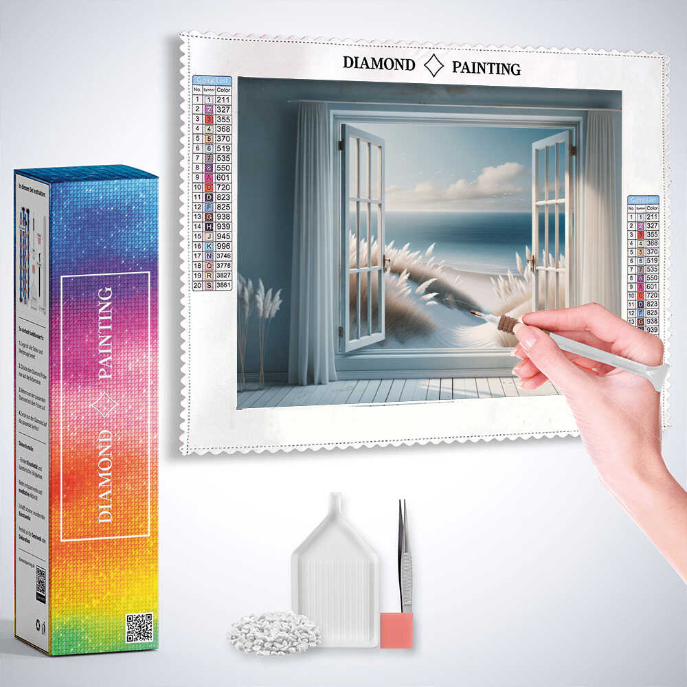 2+1 gratis! | Diamond Painting - Blick aus Fenster, Düne