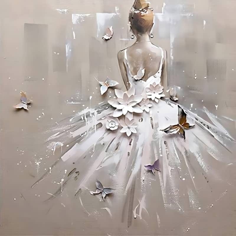 2+1 gratis! | Diamond Painting - Frau mit weißem Kleid, Schmetterlinge und Blumen