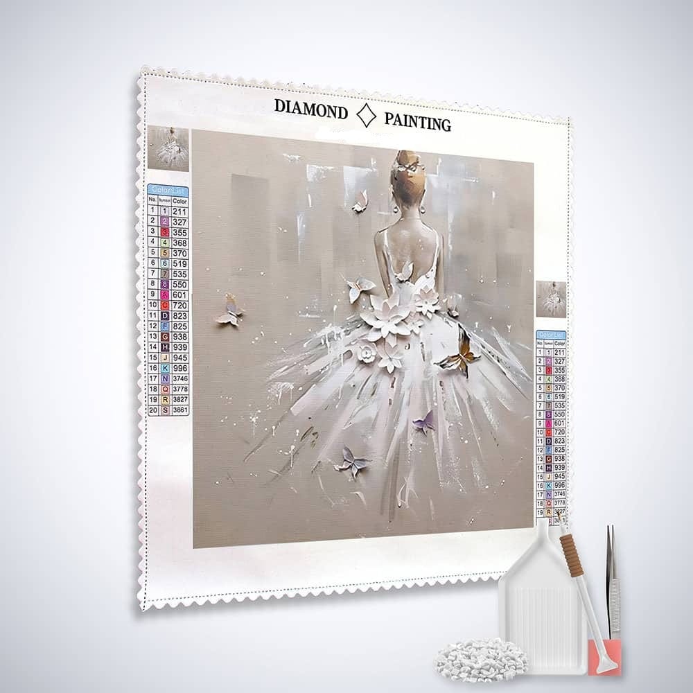 2+1 gratis! | Diamond Painting - Frau mit weißem Kleid, Schmetterlinge und Blumen