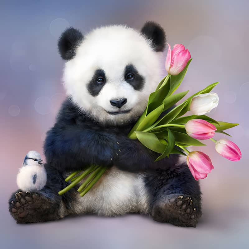 2+1 gratis! | Diamond Painting - Pandabär mit Tulpenstrauß