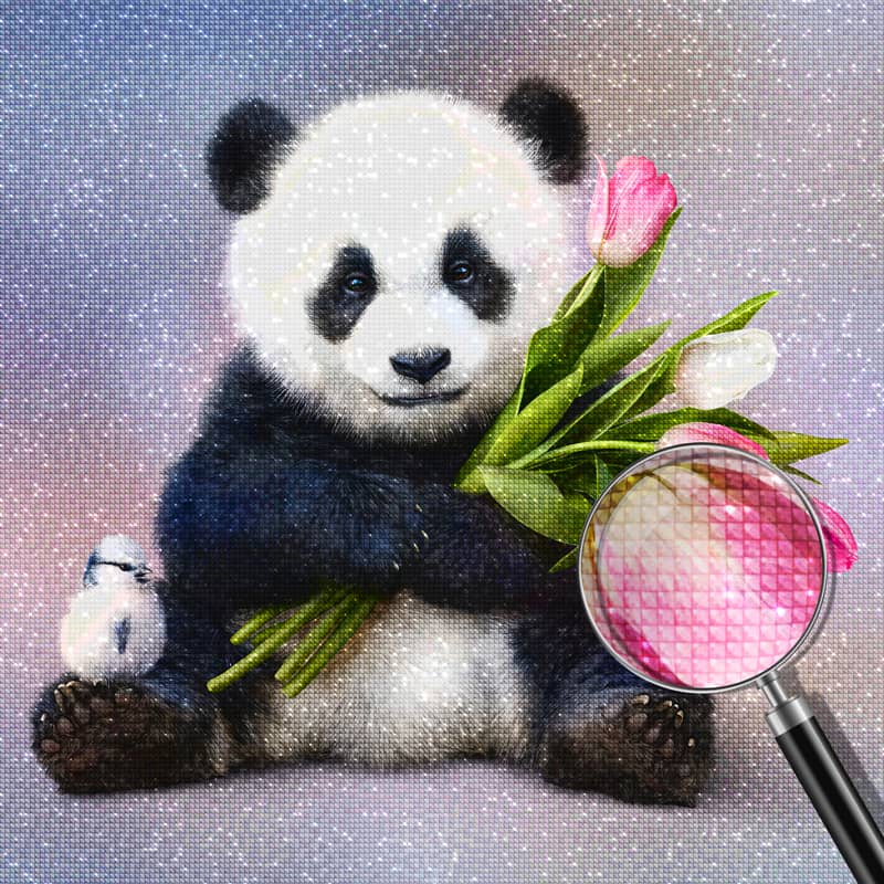2+1 gratis! | Diamond Painting - Pandabär mit Tulpenstrauß