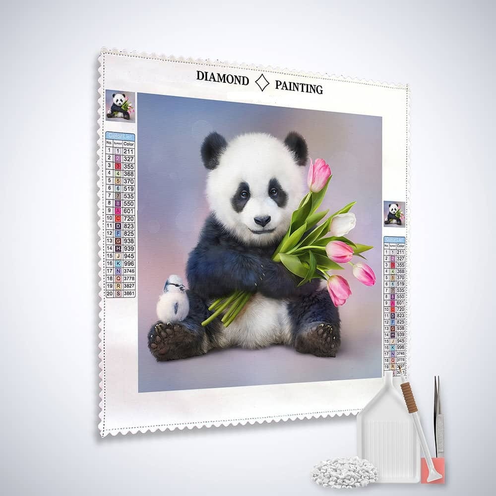 2+1 gratis! | Diamond Painting - Pandabär mit Tulpenstrauß