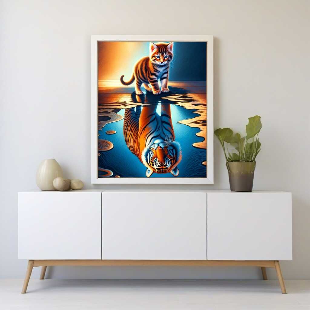2+1 gratis! | Diamond Painting - Kleine Katze großer Tiger Spiegelbild