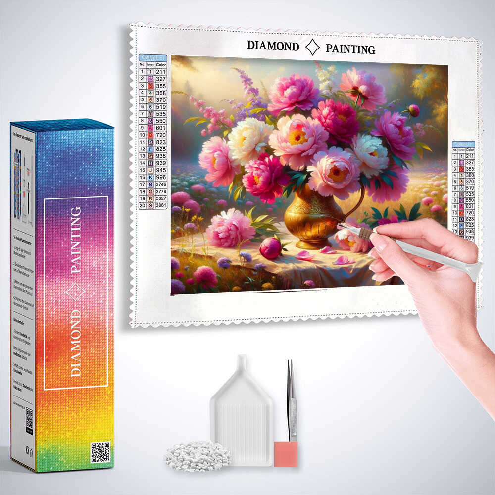 2+1 gratis! | Diamond Painting - Pfingstrosenstrauß, Wiese