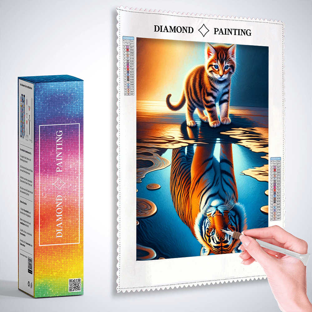 2+1 gratis! | Diamond Painting - Kleine Katze großer Tiger Spiegelbild