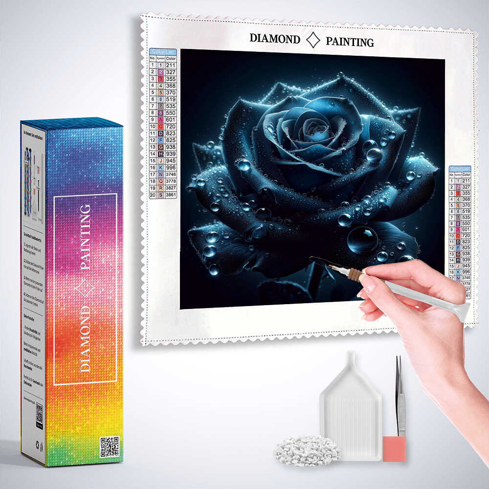 2+1 gratis! | Diamond Painting - Blaue Rose mit Wassertropfen