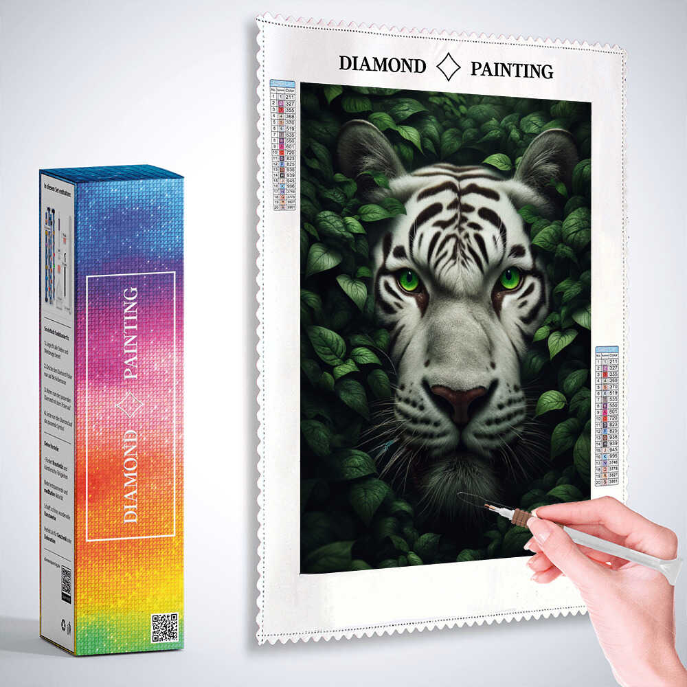 2+1 gratis! | Diamond Painting - Weißer Tiger grüne Augen