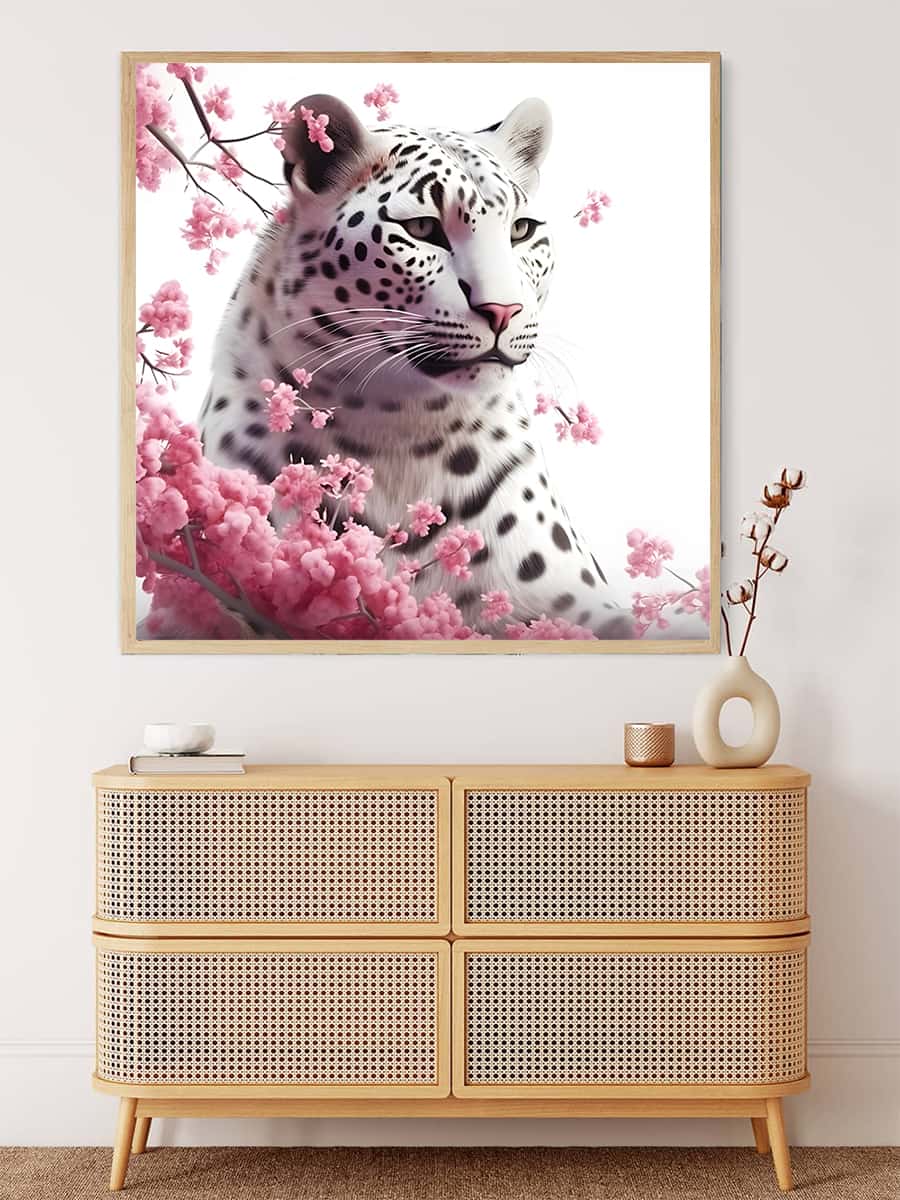 2+1 gratis! | Diamond Painting - Schneeleopard mit Rosenblüten