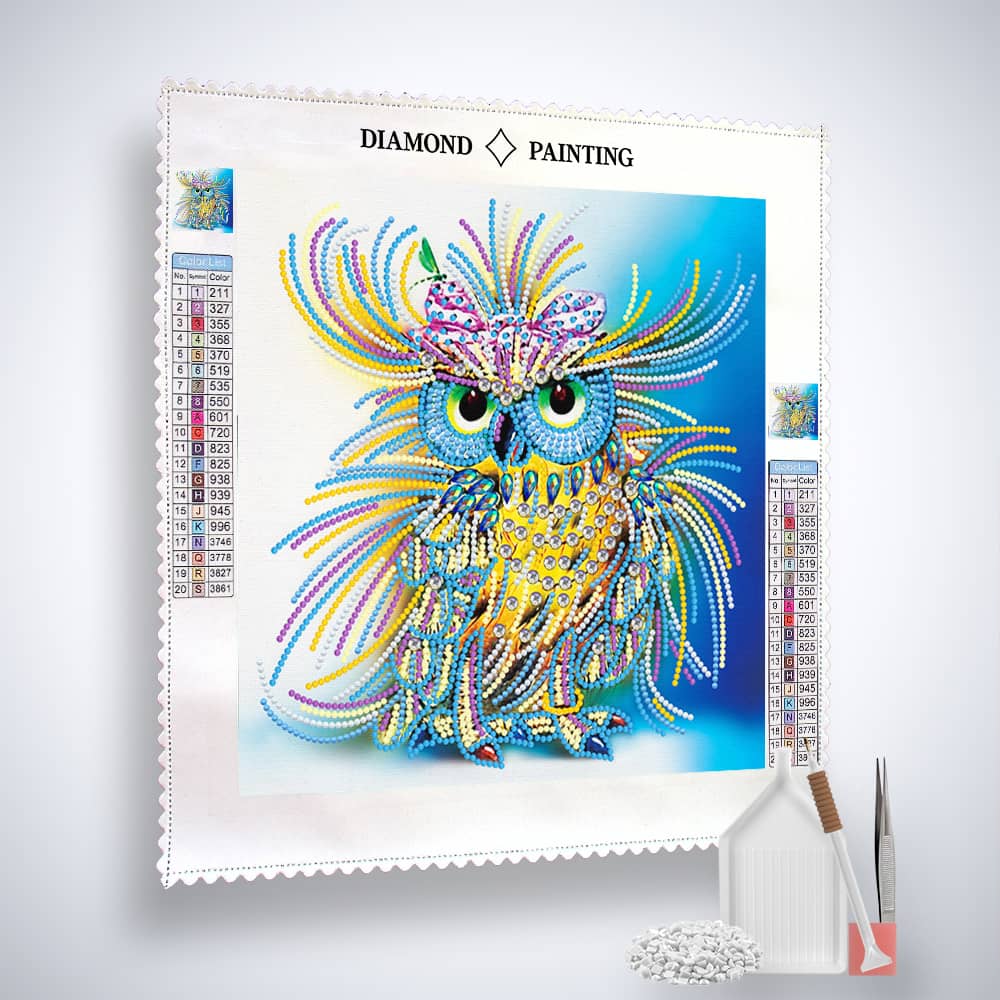 2+1 gratis! | Diamond Painting Nachtleuchtend - Eule mit langem Federkleid
