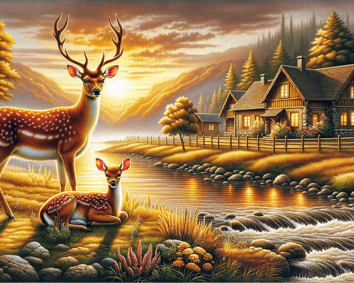 2+1 gratis! |  Diamond Painting - Rehfamilie am Fluss vor Farmhaus