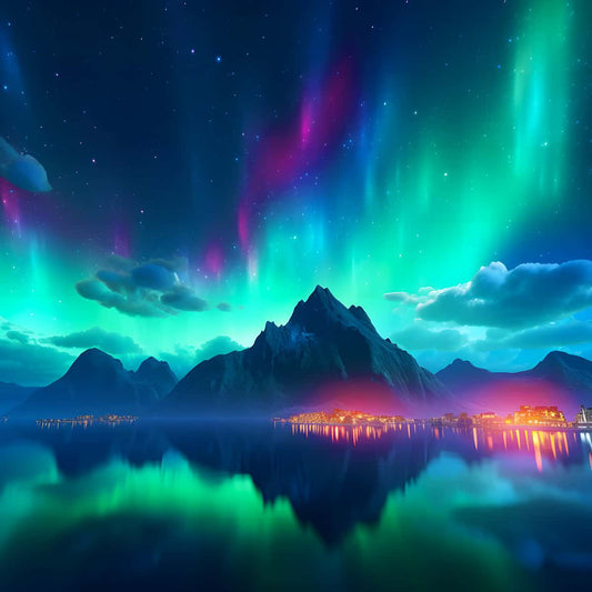 2+1 gratis! |  AB Diamond Painting - Polarlichter mit leuchtender Stadt
