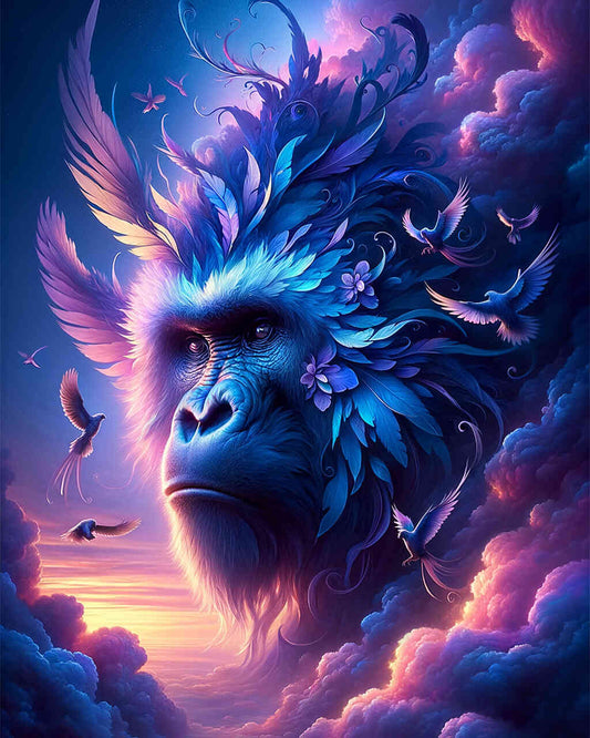 2+1 gratis! |  Diamond Painting - Gorilla blaue Federn