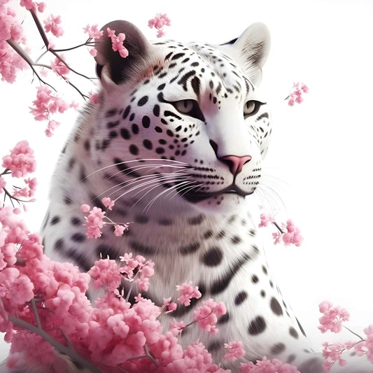 2+1 gratis! |  Diamond Painting - Schneeleopard mit Rosenblüten