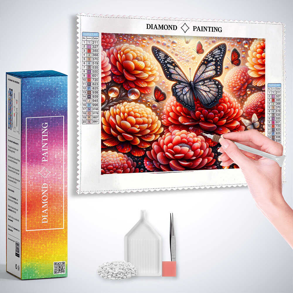 2+1 gratis! |  Diamond Painting - Schmetterling, rote Blumen