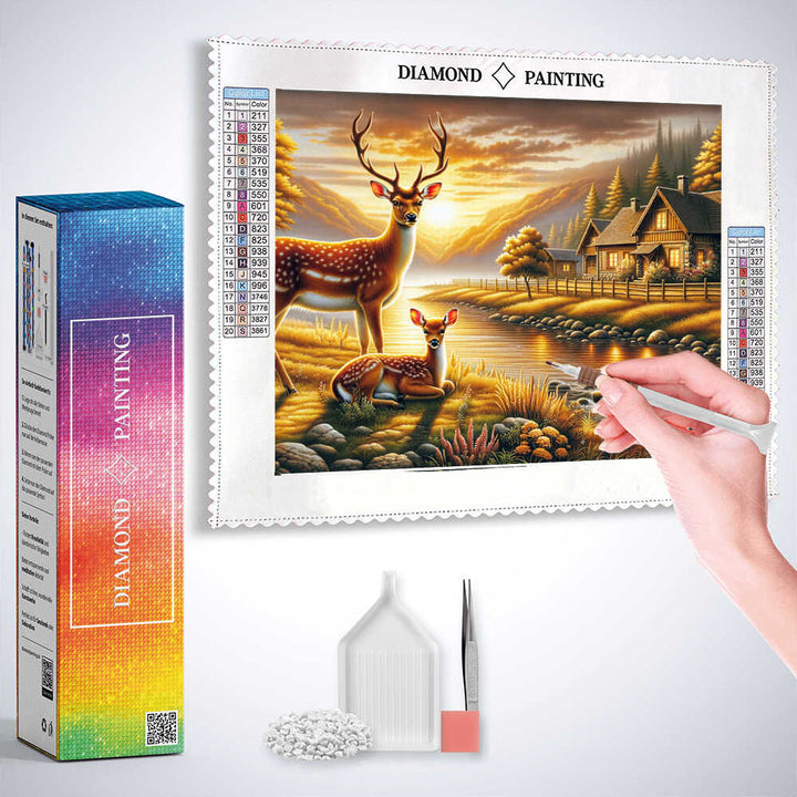 2+1 gratis! |  Diamond Painting - Rehfamilie am Fluss vor Farmhaus