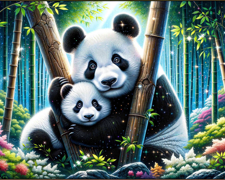 2+1 gratis! |  Diamond Painting - Pandafamilie, Baumstämme