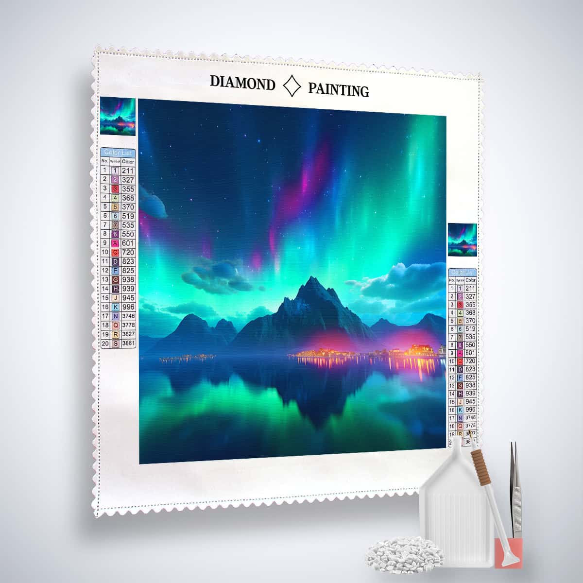2+1 gratis! |  AB Diamond Painting - Polarlichter mit leuchtender Stadt