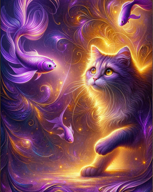 2+1 gratis! |  Diamond Painting - Katze und Fische Freunde