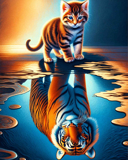 2+1 gratis! |  Diamond Painting - Kleine Katze großer Tiger Spiegelbild