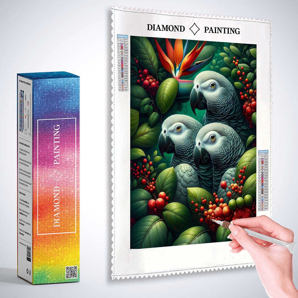 2+1 gratis! |  Diamond Painting - Graue Papageien