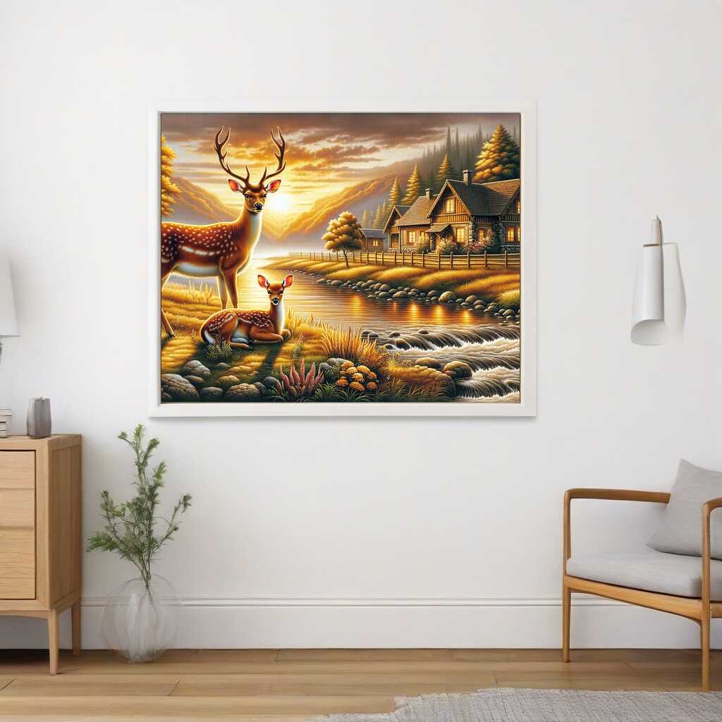 2+1 gratis! |  Diamond Painting - Rehfamilie am Fluss vor Farmhaus