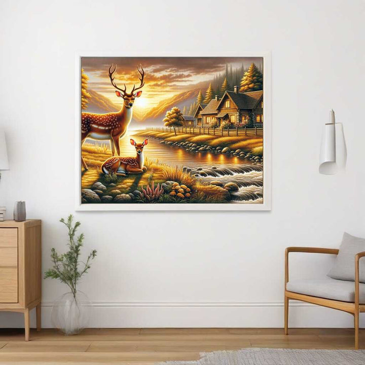 2+1 gratis! |  Diamond Painting - Rehfamilie am Fluss vor Farmhaus