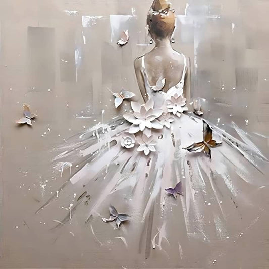 2+1 gratis! |  Diamond Painting - Frau mit weißem Kleid, Schmetterlinge und Blumen