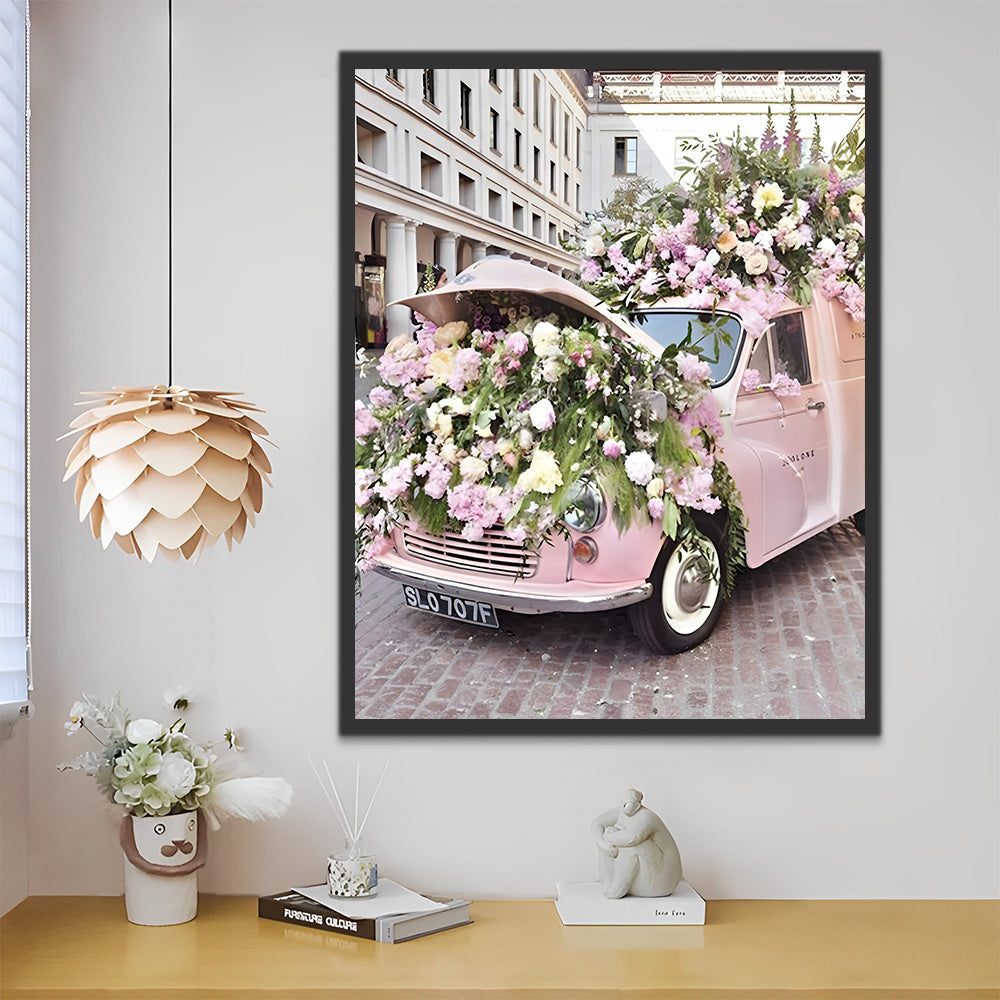 2+1 gratis! - Malen nach Zahlen -  Rosa Auto voller Blumen Malen nach Zahlen